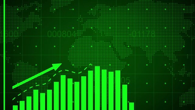  Business infographics with rising arrow and bar stats appearing. Rising bar graph following the arrow with dotted world map. 3d render.