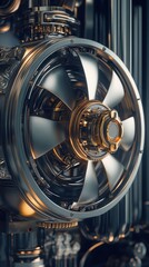 Fototapeta premium Close-up of a metallic fan with intricate design, showcasing detail and craftsmanship in a modern industrial setting.