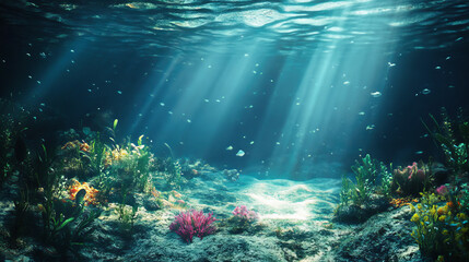 Fototapeta premium Sunlight filtering through the ocean, revealing a colorful underwater reef