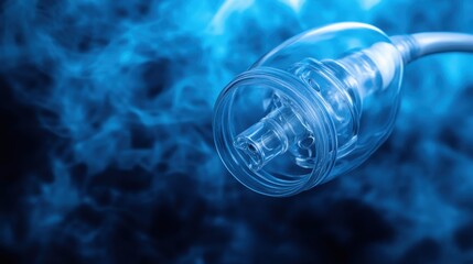 Close-up of a modern medical device connector with blue smoke background, highlighting technology in healthcare.