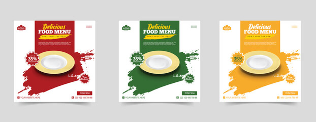 Fast food social media post design web banner template . Food social media post design with plate. Restaurant social media banner. Burger and pizza sale promotion flyer or poster