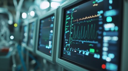 Fototapeta premium Close-up of hospital monitors displaying vital signs and health data in a clinical environment.