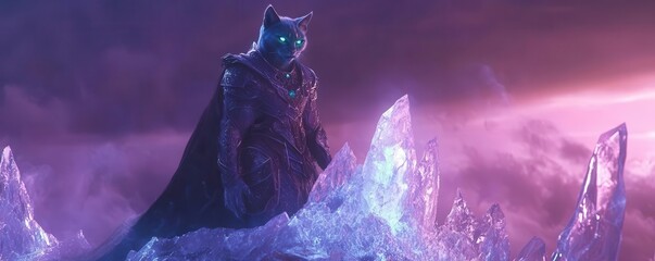 Majestic feline warrior in enchanted armor, standing atop a glowing crystal mountain at dusk, cat head with emerald eyes, fantasy realm