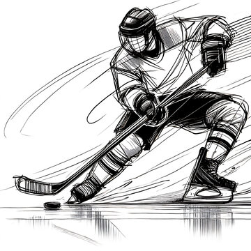 Ice hockey player in action. Black and white image.