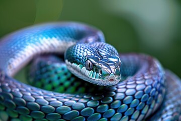 Obraz premium big snake, close-up of head and body, green leaves in background, macro photography,