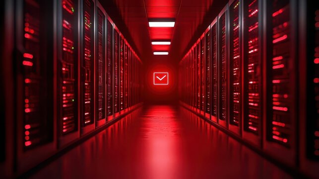 Red warning symbols flashing over a secure server room, depicting a breach attempt in a highly encrypted environment, intrusion prevention, cybersecurity alert