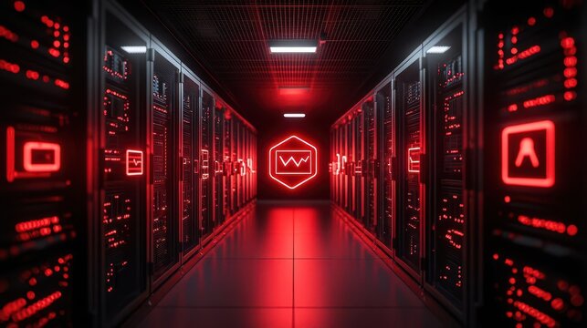 Red warning symbols flashing over a secure server room, depicting a breach attempt in a highly encrypted environment, intrusion prevention, cybersecurity alert