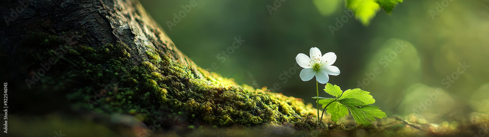 Wall mural A single white flower blooms near a mossy tree trunk, symbolizing resilience, new life, beauty in nature, growth, and hope.