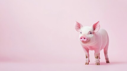 A small pink piglet stands on a pink background, looking directly at the camera.  It's a symbol of innocence, joy,  and the beauty of nature, perfect for concepts related to  farm animals,  pet care