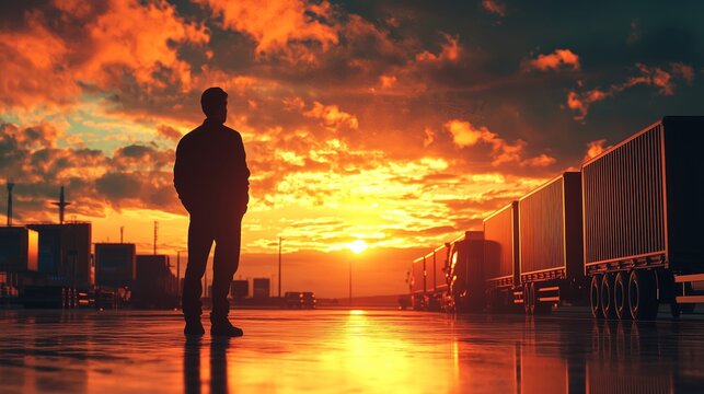 Silhouette of a Man Standing in Front of Trucks at Sunset.