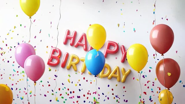 Balloons in various colors hang above vibrant confetti, celebrating a joyful birthday occasion with an inviting backdrop.