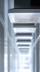 Obraz premium Modern ceiling lights illuminate a contemporary corridor, creating a bright and inviting workspace ideal for productivity.