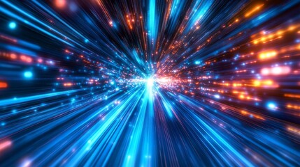Blue and Orange Light Streaks Converging in a Digital Space, 3D Rendered, Abstract, Energy, Future, Technology