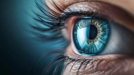 Fototapeta premium Close-Up of a Blue Eye with Long Eyelashes, High-Resolution Photography, Macro Image, Human Anatomy, Iris, Pupil, Eyelash