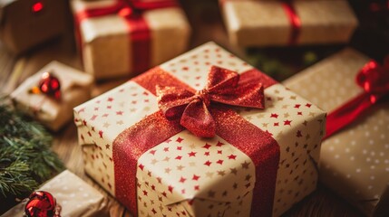 Closeup of a Gift Box with Red Glitter Bow and Starry Wrapping Paper, Christmas, Gift Wrapping, Festive, Present