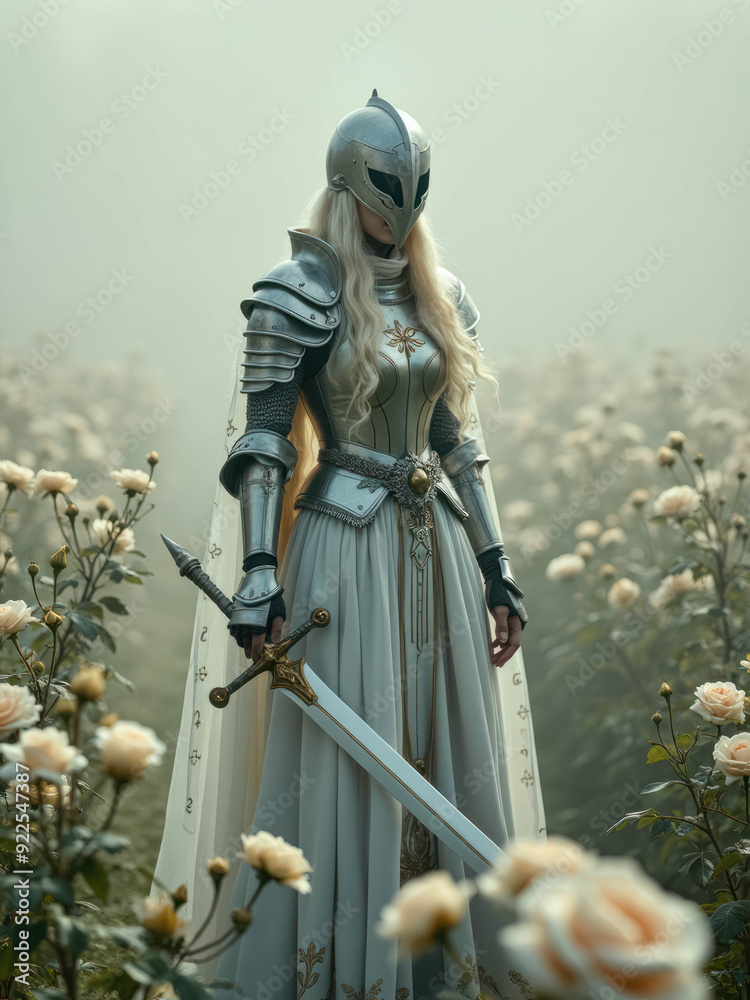 Wall mural Cinematic Photography Portrait Of An Elfish Woman Templar Knight In Silver Armor, Medieval Fantasy Concept Of Elf