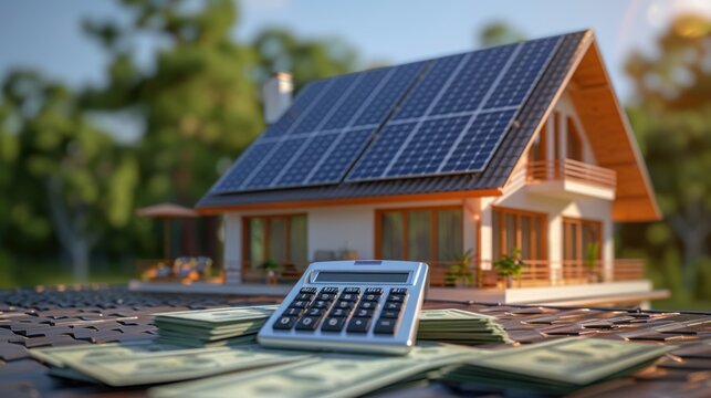 A detailed image of a residential home with solar panels installed on the roof. Nearby, a calculator and a pile of cash illustrate the cost savings associated with solar energy, with the home bathed