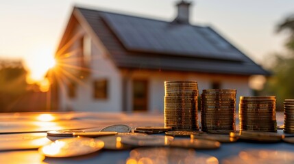 A sunlit home with solar panels, set against a backdrop of clear skies. In the foreground, a budget sheet and stacks of coins emphasize the financial savings, with the sun's rays highlighting the