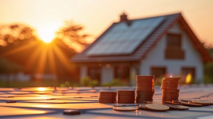 A sunlit home with solar panels, set against a backdrop of clear skies. In the foreground, a budget sheet and stacks of coins emphasize the financial savings, with the sun's rays highlighting the