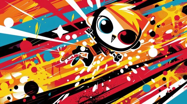 A bold vector vinyl for a sports event, showcasing a heroic Powerpuff Boy leaping through the air