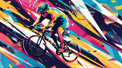 Fototapeta premium A dynamic vector vinyl design for a sports competition, featuring a Powerpuff Boy cycling with motion lines and vibrant colors, set against a backdrop of abstract patterns and sports-themed graphics. 