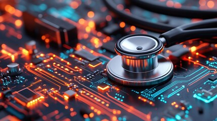 A close-up of a stethoscope on a vibrant circuit board, symbolizing the fusion of technology and healthcare.