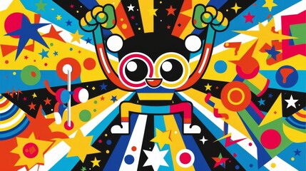 Fototapeta premium A playful vector vinyl design for a sports competition, featuring a Powerpuff Boy lifting weights, surrounded by a lively mix of sports equipment and stars, with a bold, colorful background.