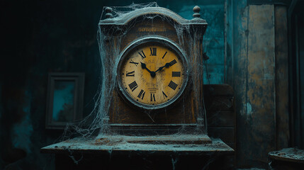 Old creepy rustic grand father clock surrounded by cob webs, halloween, spooky, ghosts, eerie, haunted