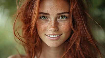 Fototapeta premium Redhead Beauty Closeup Portrait with Freckles and Green Eyes, redhead , freckles , beauty , portrait