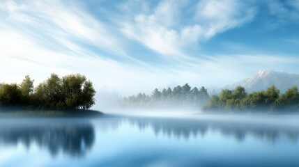 Obraz premium Serene Mountain Lake Reflections, Digital Art, Landscape, Nature, Mist