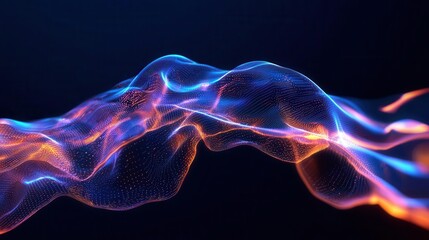 Abstract digital wave with glowing blue and orange lights on a dark background.