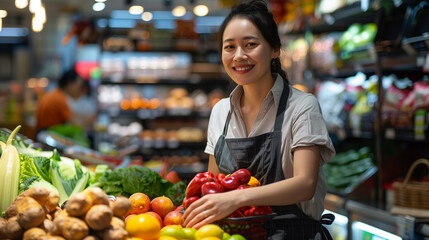 Obraz premium Smiling female asian seller in health food store