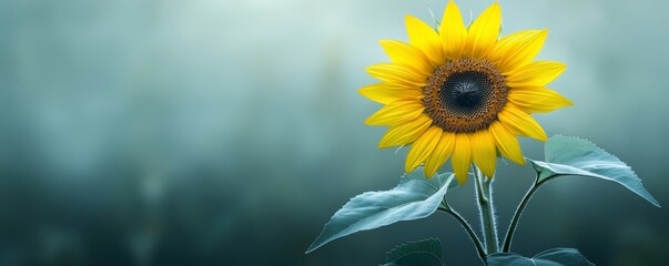 Obraz premium Solitary Sunflower Against a Hazy Blue Sky, Single Bloom, Blurred Background, Yellow Petals, Green Leaves, Sunflower, Field