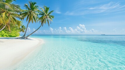 Naklejka premium A breathtaking image of a tropical island with turquoise water and a clear blue sky. The calm sea and distant island create a serene and tranquil atmosphere Concept: tropical paradise, clear water, se