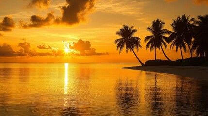 A peaceful sunset scene with palm trees silhouetted against the golden sky. The calm water reflects the warm colors of the setting sun, creating a tranquil and idyllic tropical landscape
Concept: suns
