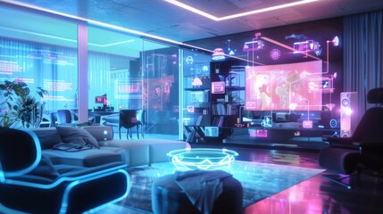 Craft a detailed image of a futuristic home filled with smart technology. Show a family using devices like voice-activated assistants, smart appliances, and holographic entertainment systems.  