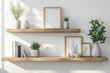 Stylish wood floating shelves with frames and vases enhancing modern living room decor