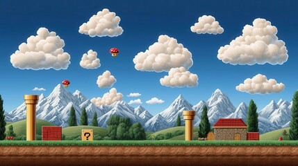 Pixelated mountain landscape with clouds, mushrooms, and pipes reminiscent of classic video games.