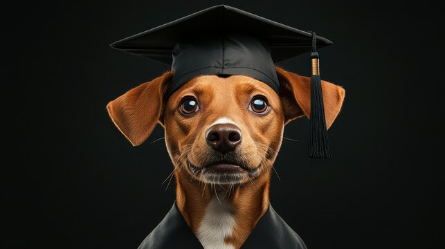 A charming dog wearing a graduation cap, conveying joy and accomplishment in a playful and adorable manner.