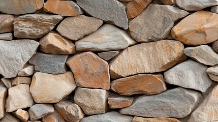 Close-up texture of a rustic stone wall with irregular shapes and warm tones.