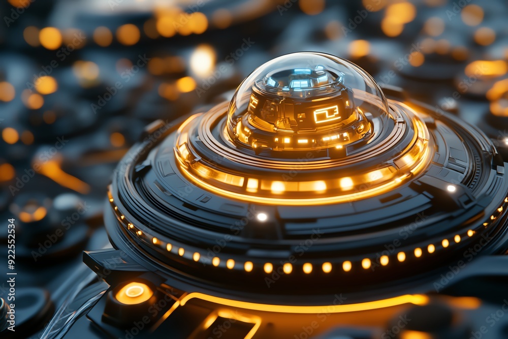 Poster futuristic device with glowing lights and a transparent dome, showcasing advanced technology and sci