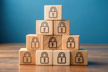 Wooden cube blocks adorned with data and system symbols form a fortress, safeguarding sensitive financial information from cyber threats in a secure network environment.