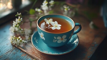 Fototapeta premium A blue cup with a white flower motif is filled with tea, creating a beautiful contrast and a relaxing scene.
