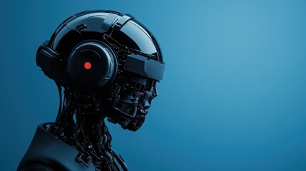 A futuristic robot profile wearing advanced virtual reality headset against a sleek blue background.