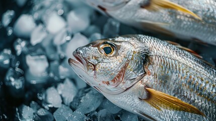 Fresh Sea Bream on Ice. Market Seafood Display for Diet Cooking Background