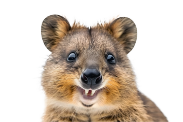 A Cute Quokka Smiles For The Camera On A White Background