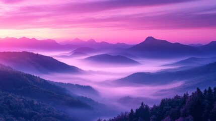 Fototapeta premium Mountain foggy landscape. mountains shrouded in purple fog