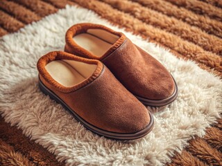 Cozy brown soft slippers lie comfortably on a plush carpet at home, evoking feelings of warmth and relaxation in a serene domestic atmosphere.