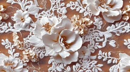 White lace fabric with 3D floral design.