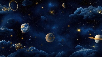 Cosmic sky with planets, stars, and clouds.
